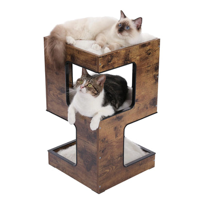 23" Wood Cat House Furniture for Indoor Cats, Modern Cat Tree Tower Bed with Free Cat Toy, Scratching Pad and Removable Soft Mats, Small Cat Condo, Brown