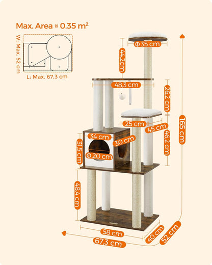 Woodywonders Cat Tree, 65-Inch Modern Cat Tower for Indoor Cats, Multi-Level Cat Condo with 5 Scratching Posts, Perch, Washable Removable Cushions, Cat Furniture, Rustic Brown UPCT166X01